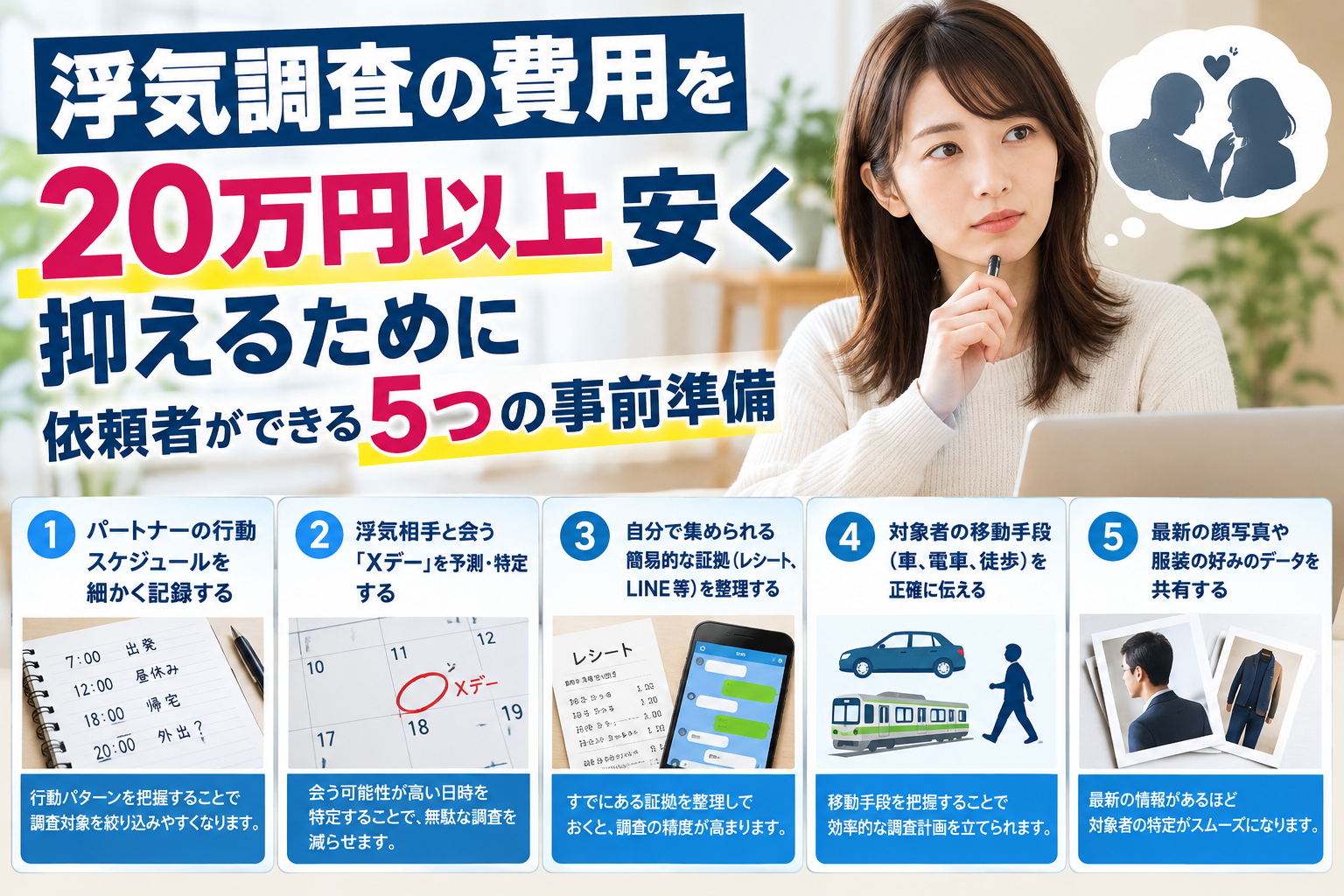 浮気調査の費用を20万円以上安く抑えるために依頼者ができる5つの事前準備